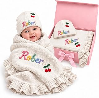 Personalized Baby Blanket with Name Custom Ruffle Knit Blanket & Beanie Set