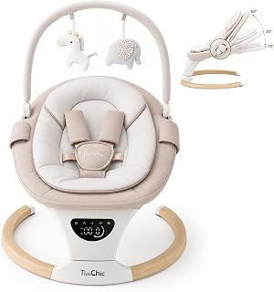 TimChic Baby Swing with Auto-Rocking, 5 Motions &amp; 12 Melodies，Beige | Auto-rocking, 5 speeds, 3 heights, 3 timers &amp; 12 melodies. 5-pt harness, remote, toy bar + 2 toys. Indoor/outdoor.