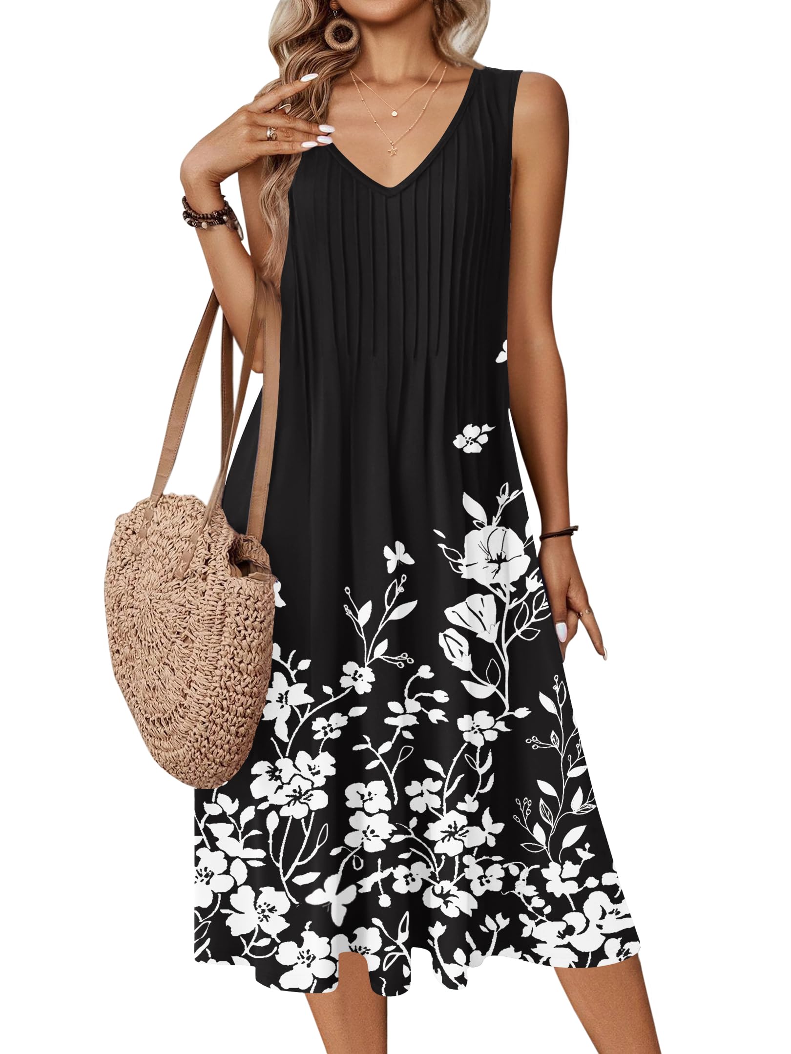 Zeagoo Women Summer Casual Dresses 2026 Sleeveless Midi Pleated Tank Sundress wi