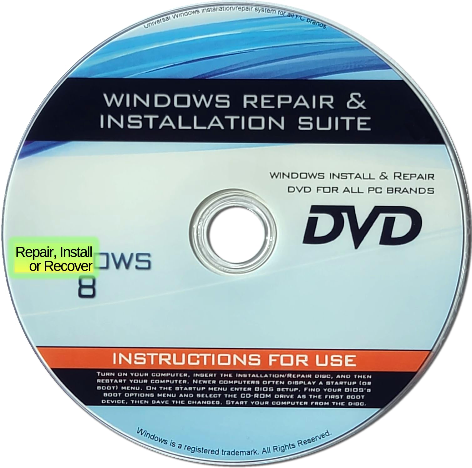 Recovery, Repair & Re-install disc compatible with Win 8 32/64 bit