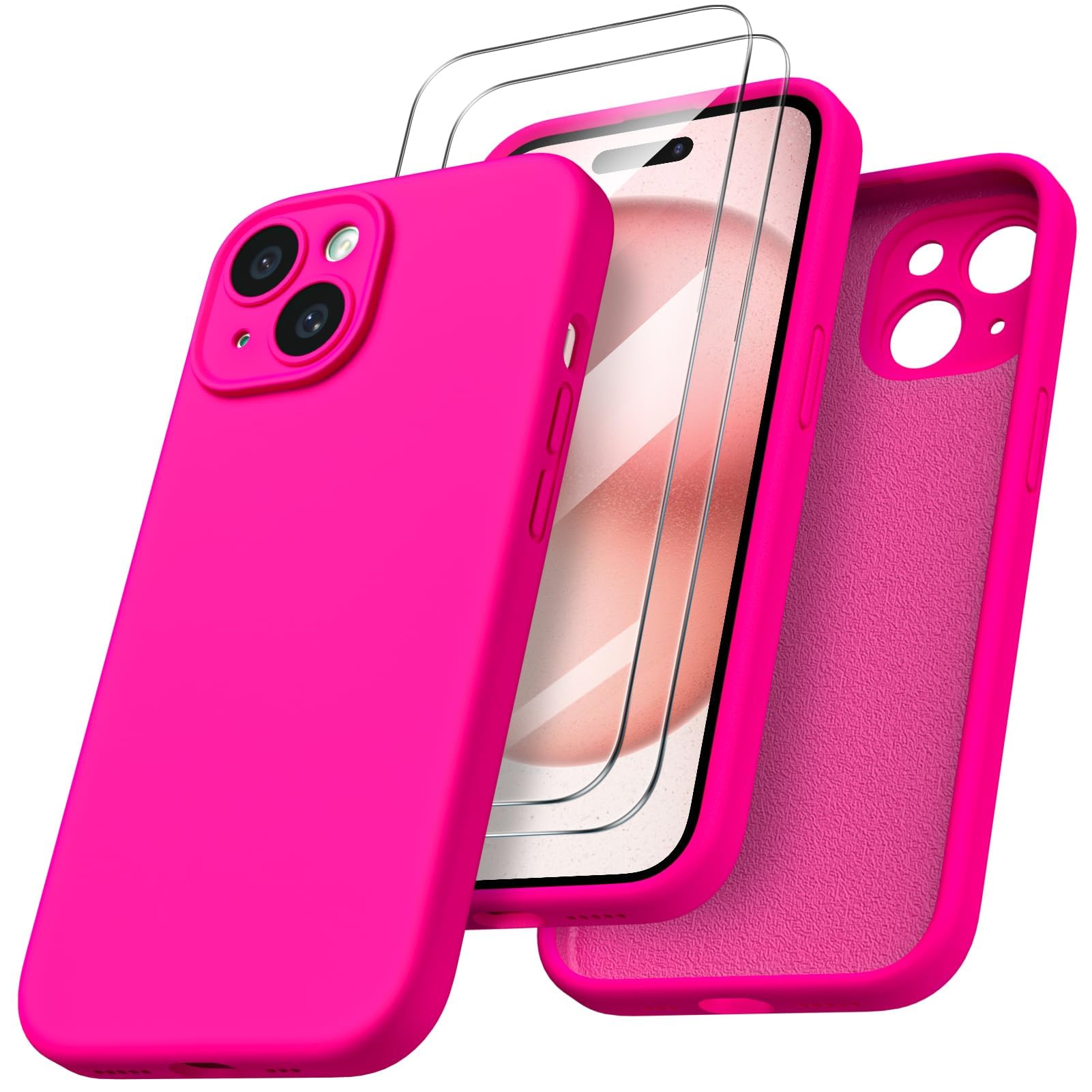 ORNARTO Cover per iPhone 15 Silicone,Antiurto,Rosa Caldo