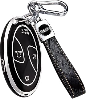 5 Buttons Compatible with Hyundai Key Fob Cover Accessories, Fits for Elanrtra Sonata Ioniq Santa Fe Santa Cruz KONA Tucson, Soft TPU Key Case with Leather Keychain (Black-Silver)