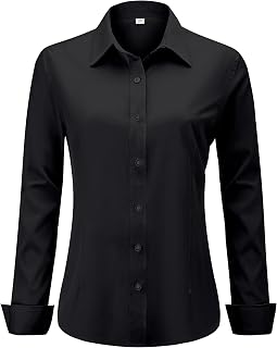 hearain Soft Wrinkle-Free Women's Button Down Dress Shirts Solid Long Sleeve Work Blouses Fit Stretch Casual Tops XXS-6XL