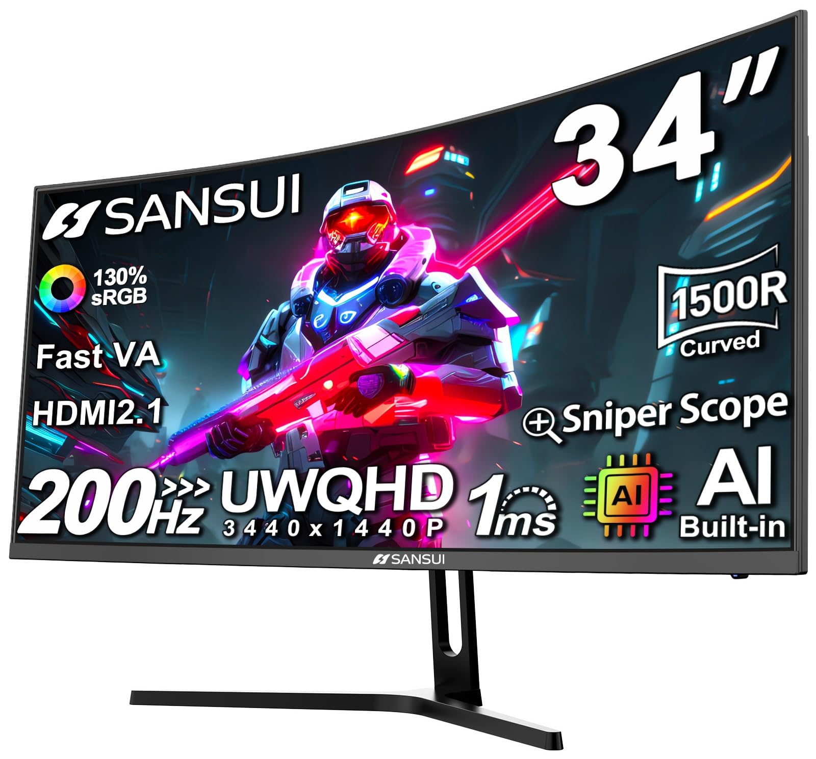SANSUI 34-Inch Curved Gaming Monitor UWQHD 3440 x 1440P 200Hz Ultrawide | 34” Ul