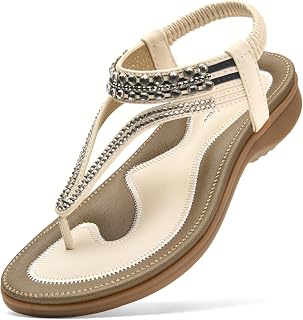 Littleplum Sandals for Women Arch Support Rhinestone Comfortable Summer Ankle Strap Flat Elastic Beach Walking Shoes