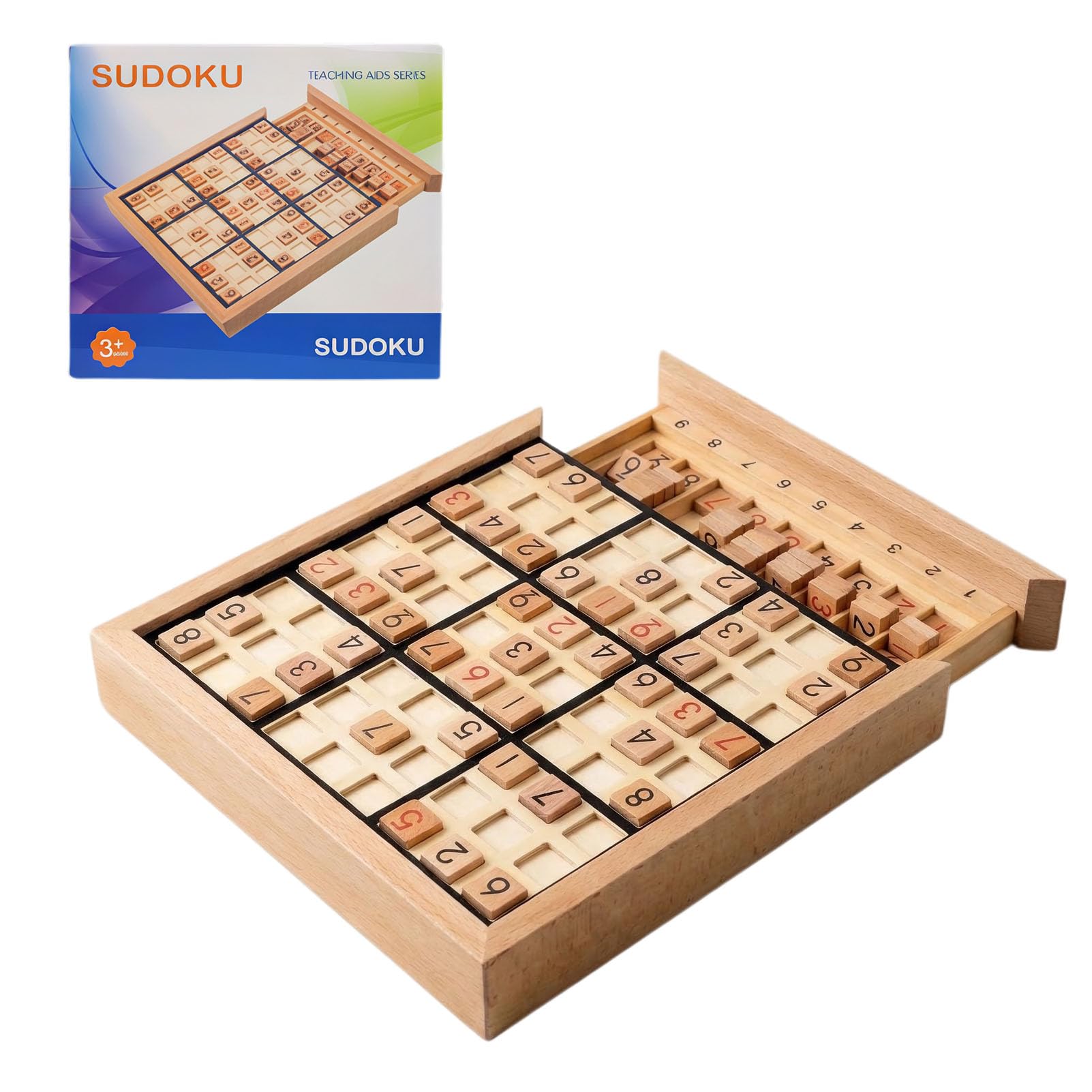 Wooden Sudoku Puzzle Board with Drawer, 200 Puzzles Brain Teaser for Adults, Log