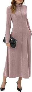 GRECERELLE 2025 Women Casual Mock Neck Long Sleeve Flared Knit Maxi Dress with Pockets Lightweight Maxi Dress (XS - 3XL)