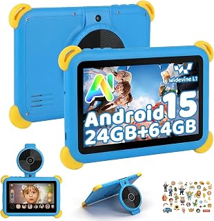 Ainmel Kids Tablet 7 inch Android 15 Tablet for Kids, 24GB+64GB (TF 1TB), Android Tablet with Parental Control, AI Dual Cam&Learning, WiFi 6/BT 5.3, Widevine L1, Kid Tablet with Protective Case - Blue
