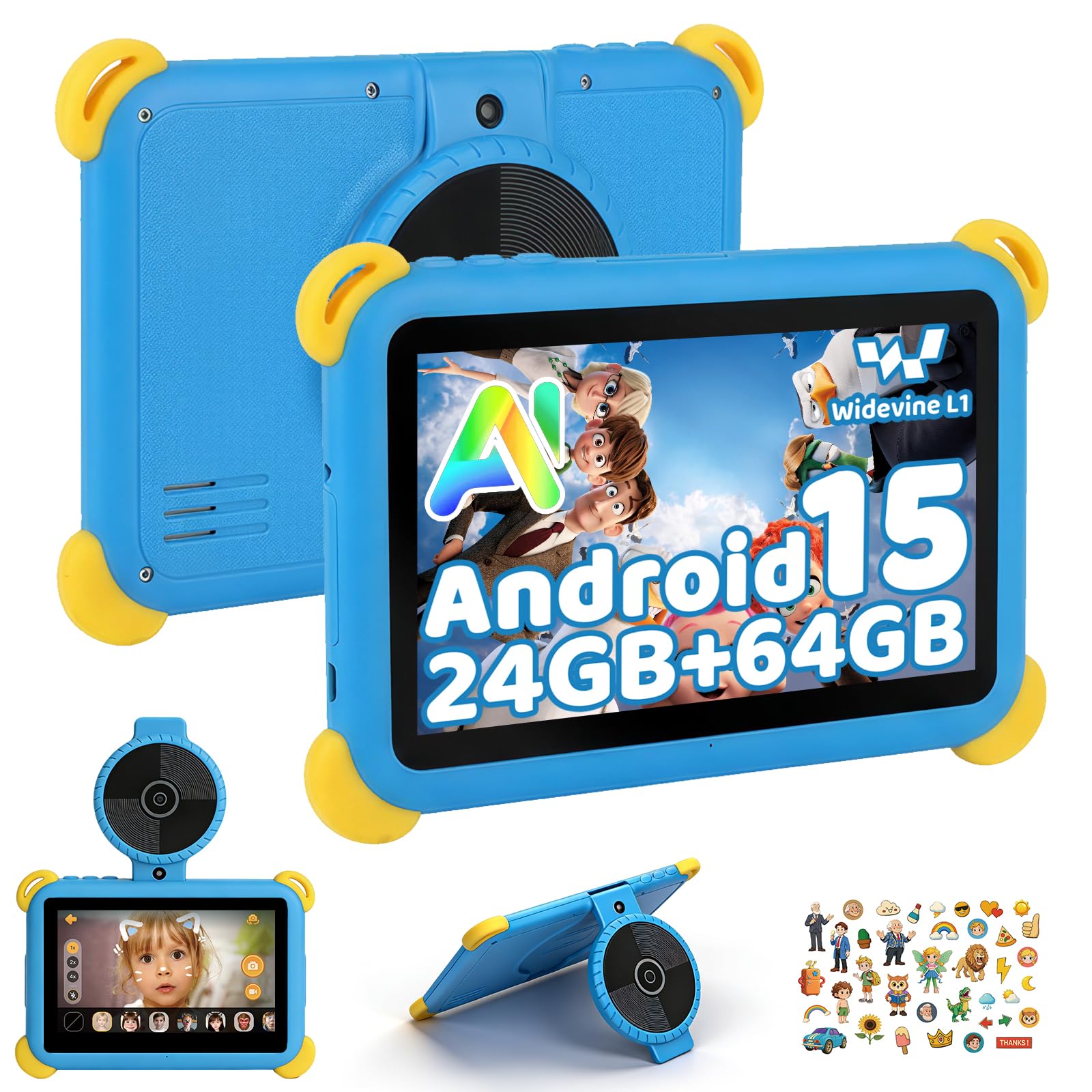 Ainmel Kids Tablet 7 inch Android 15 Tablet for Kids, 24GB+64GB (TF 1TB), Androi