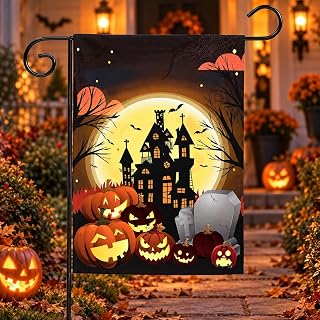 Double Sided Halloween Garden Flag, Pumpkin Garden Flag, Weather Resistant Polyester, Outdoor Garden Decoration for Halloween, Black Castle, 9.87 x 7.87 inches