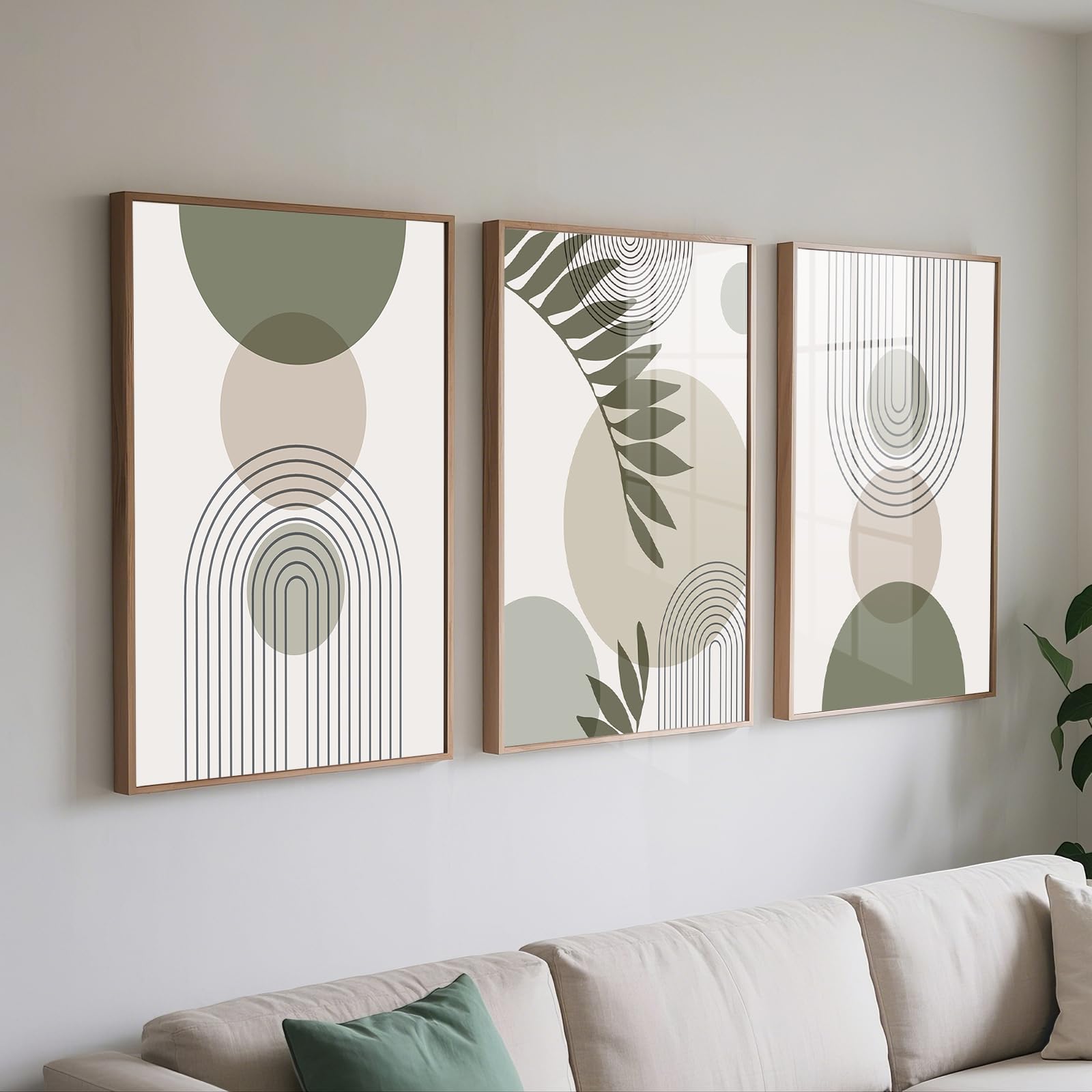 PWAAHDC Sage Green Wall Art Set of 3 - Boho Pictures for Living Room and Bedroom