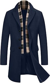COOFANDY Men's Wool Blend Coat with Detachable Plaid Scarfs Notched Collar Single Breasted Pea Coat Trench Overcoat