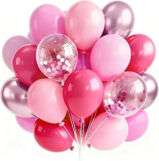PartyWoo Hot Pink Balloons 66pcs 12 Inch Magenta Fuchsia Latex Balloons | Pearl Pink Metallic Magenta Fuchsia Confetti for Gender Reveal Bridal Shower Baby Shower Princess Birthday Party Decorations