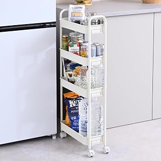 Yamazen LBW-4FS(MWH) Kitchen Wagon with Casters, 4 Tiers, Slim, Kitchen Storage, Load Capacity 65.1 lbs (28 kg), Width 16.9 x Depth 7.3 x Height 37.4 inches (43 x 18.5 x 95 cm), Gap Storage, Easy