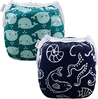 ALVABABY Swim Diapers 2pcs Reusable Baby Swim Diaper 9 Months-3T Adjustable Snap Washable Toddler Swimming Diaper for Pool Beach &amp; Swim Lessons – Waterproof PUL Leak-Proof UPF 30+ Large Size