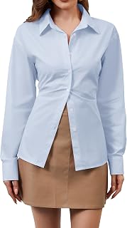 MISSACTIVER Women's Lapel Collar Button Down Shirt Cinch Waist Long Sleeve Casual Work Dressy Tunics Blouse Corset Tops