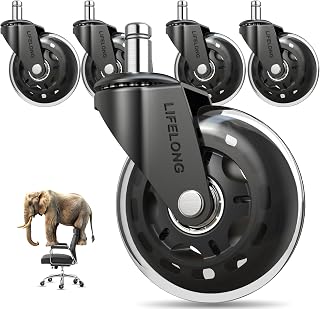 Lifelong Office Chair Wheels Replacement Rubber Chair Casters for Hardwood Floors and Carpet, Set of 5, Heavy Duty Casters for Chairs to Replace Office Chair Mats - Fits 98%