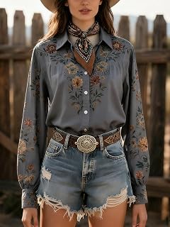 Women Bohemian Western Floral Shirt Long Sleeve Vintage Botanical Blouse