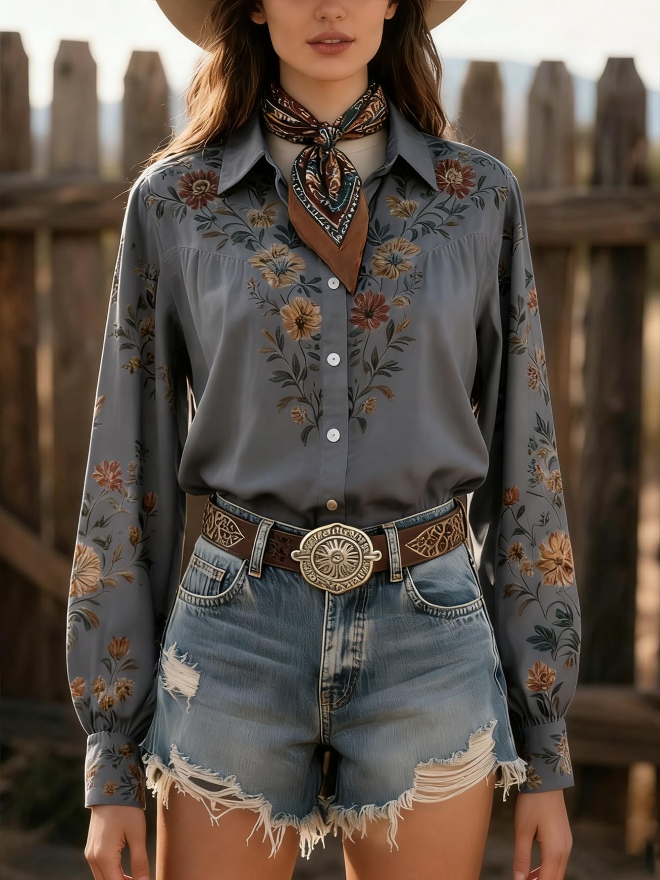Women Bohemian Western Floral Shirt Long Sleeve Vintage Botanical Blouse