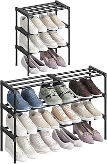 Lifewit Extendable Shoe Rack, Pre-Assembled Shelves, 3 Tier Shoe Storage | 42.5–78.7 cm Shoe Organiser with Tool-Free Setup, Stackable Display Rack for Wardrobe, Narrow Space, Metal & Plastic, Black