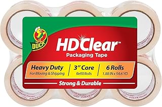 Duck HD Clear Heavy Duty Packing Tape Refill Rolls, 2 in Wide, 6 Rolls | 1.88 in x 54.6 Yds, HD Means Heavy Duty Packaging Tape for Packing and Moving Boxes, Mailing, Shipping & Storage, 3 inch Core