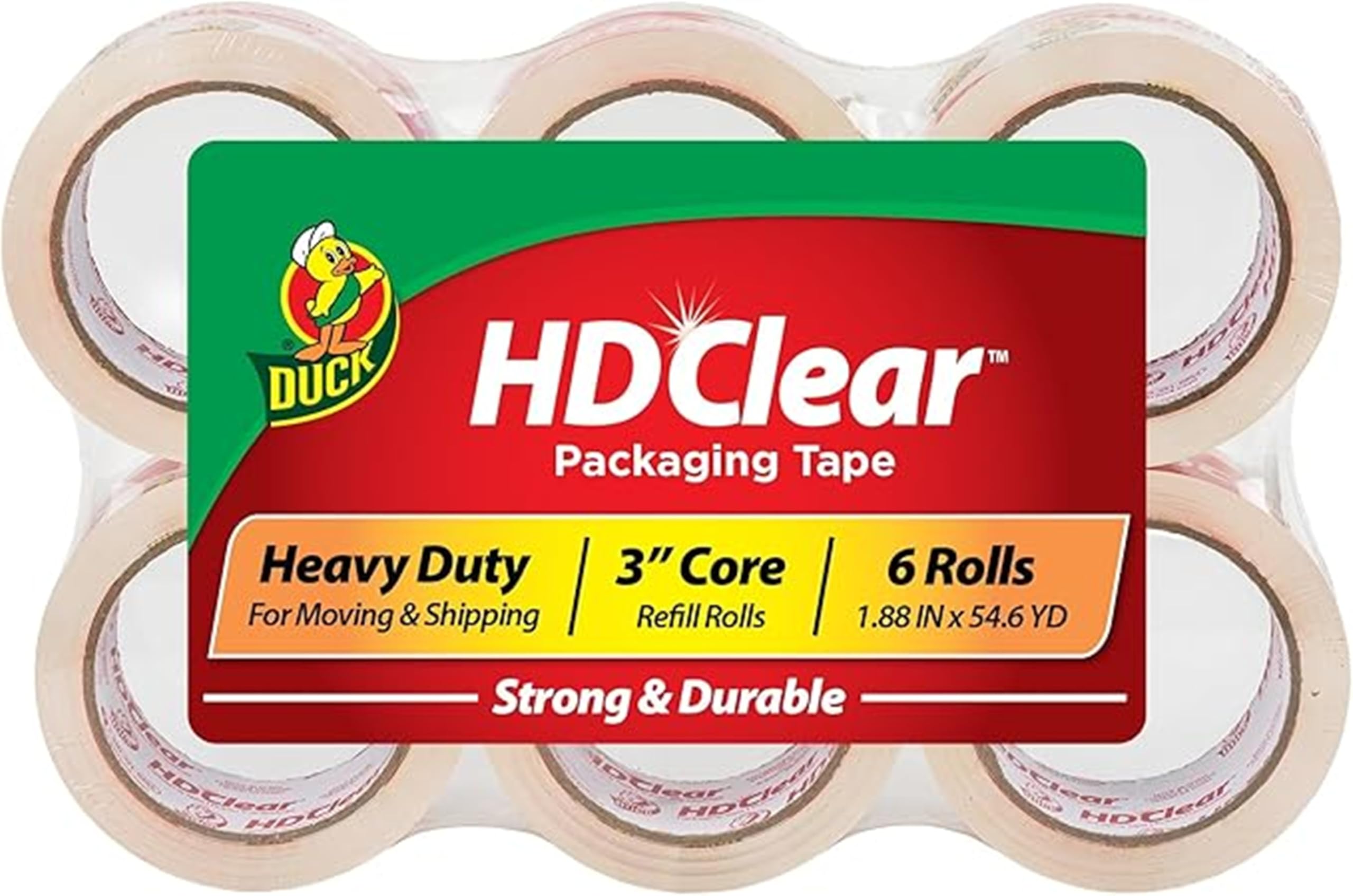 Duck HD Clear Heavy Duty Packing Tape Refill Rolls, 2 in Wide, 6 Rolls | 1.88 in