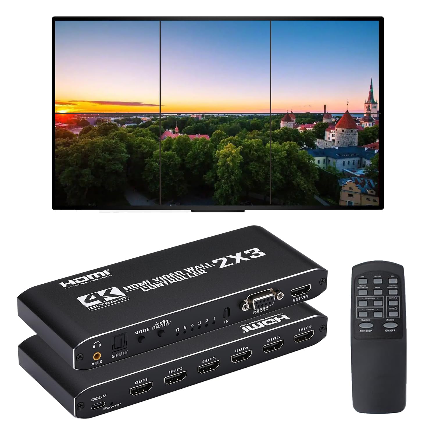 Video Wall Controller, 4K@30Hz 2X3 TV Wall Processor with 1 HDMI Input+ 6 HDMI O