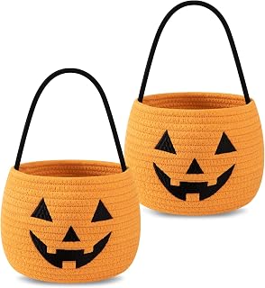 OIAHOMY 2 Pack Halloween Trick or Treat Bucket, Large Halloween Candy Snack Baskets, Woven Baskets for Decor, Gift, Orange