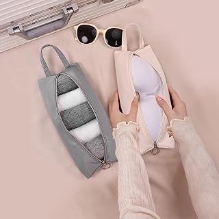Travel Underwear Organize Storage Bag, Multi-function Cosmetic Bag, Portable Zipper Toiletry Bag, Cube Socks Packing Bags for Man and Women, Grey+Apricot, 11.4 X 0.5 X 4.1 Inches