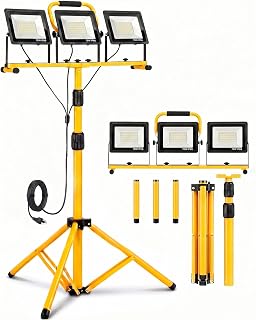 Jefedana 21000-Lumen LED Work Light with Stand for Job Site Garage | 3 Head Portable Tripod Worklight, 48"-72" Adjustable Height, IP66 Waterproof, 360° Rotation, Ideal for Workshop, Construction