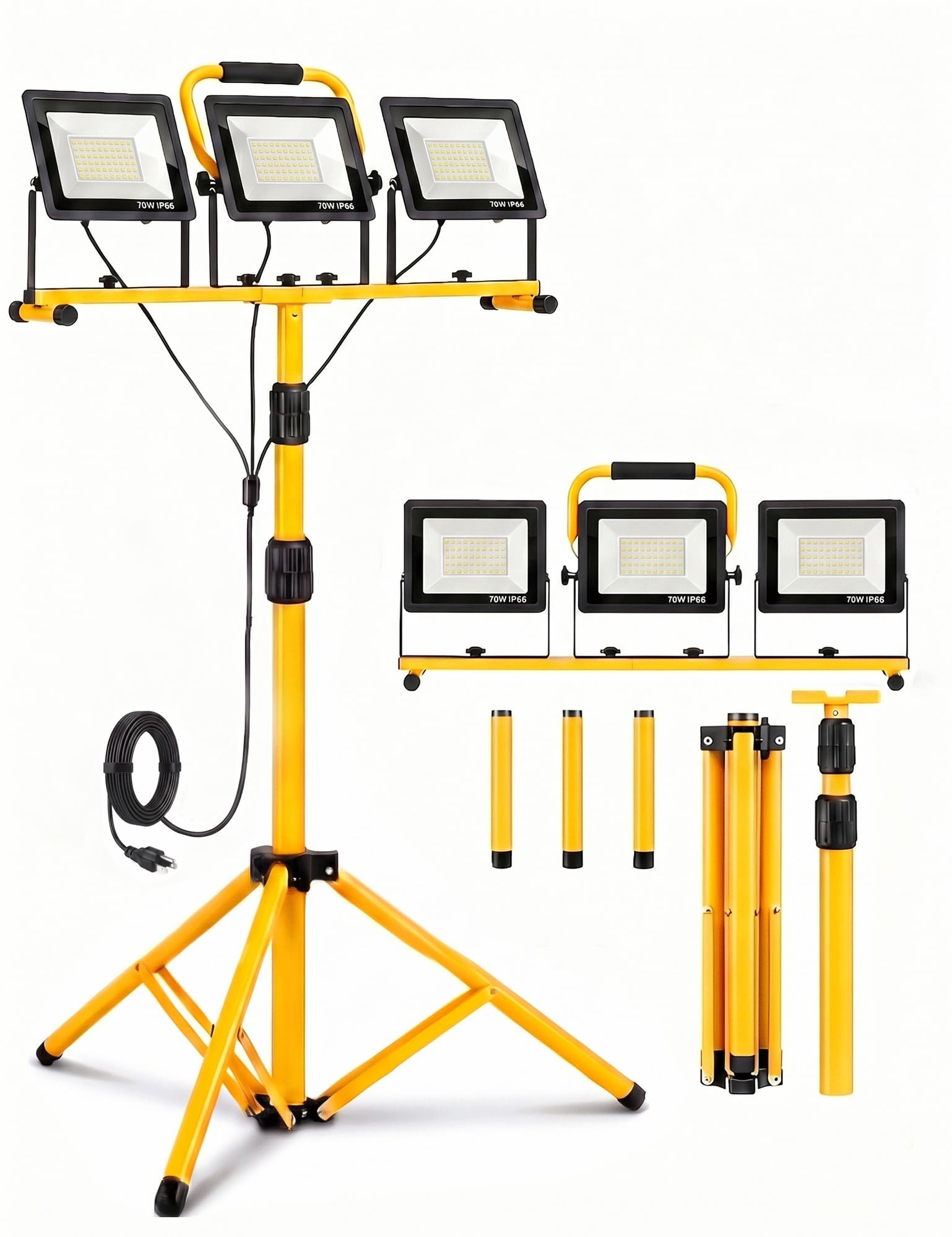Jefedana 21000-Lumen LED Work Light with Stand for Job Site Garage | 3 Head Port