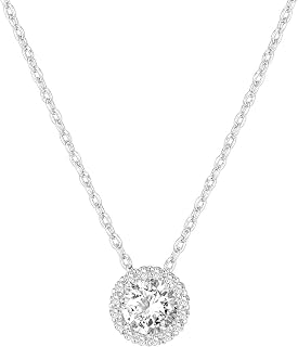 PAVOI CZ Halo Solitaire Pendant Necklace for Women, White Gold, W