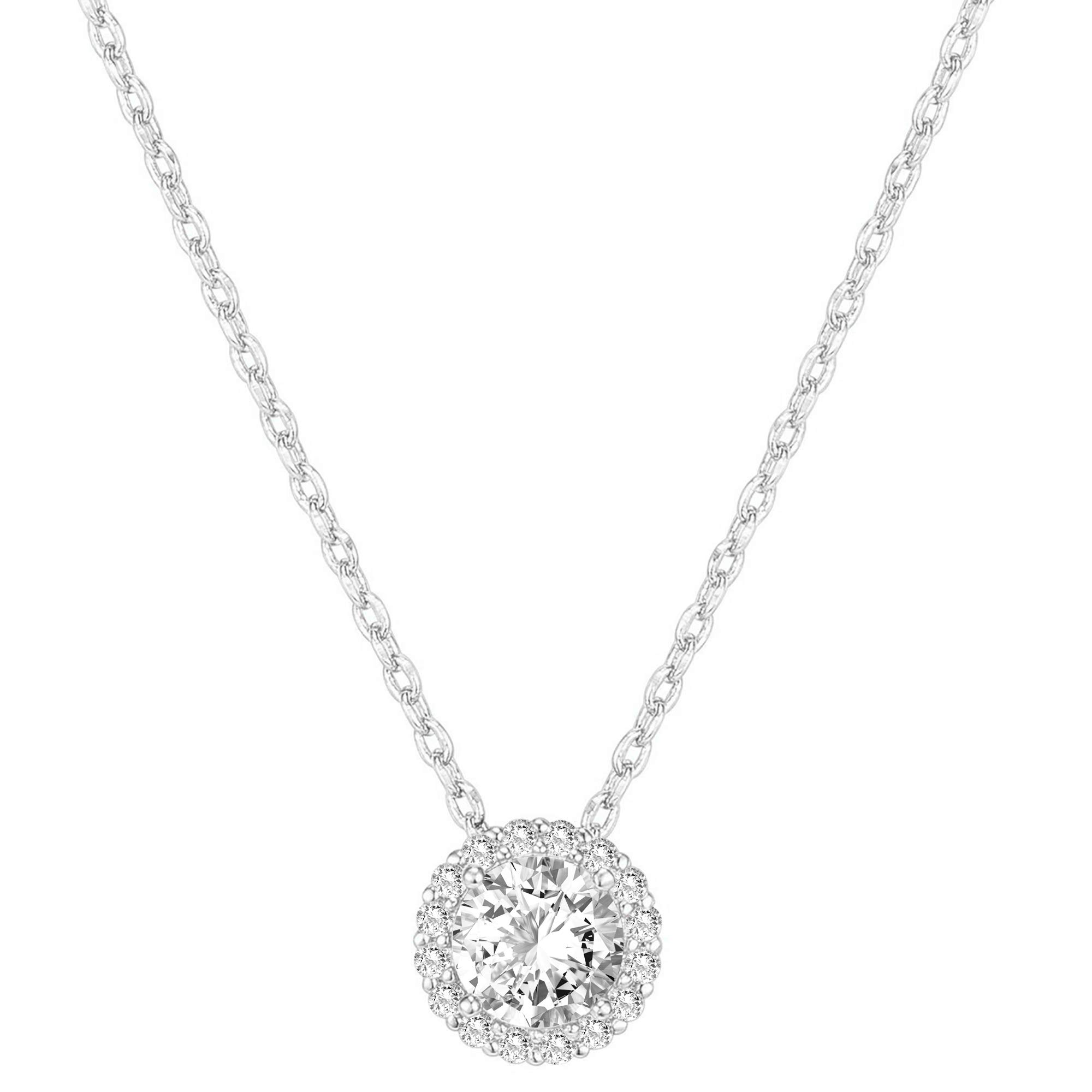 PAVOI CZ Halo Solitaire Pendant Necklace for Women, White Gold, W