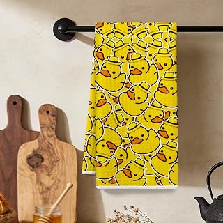 Adorable Rubber Duck Kitchen Towels, Absorbent Microfiber Decorative Honeycomb Tea Towel for Kitchen, Home, Bathroom, Animal Lover Gifts 1