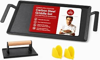 Carbon Steel Double Burner Griddle for Gas Grill–19.6" x 10.5" Flat Top Griddle Pan with Smash Burger Press& Heat Resistant BBQ Gloves,Stovetop & Induction Griddle Plate for Charbroil, Camp Chef