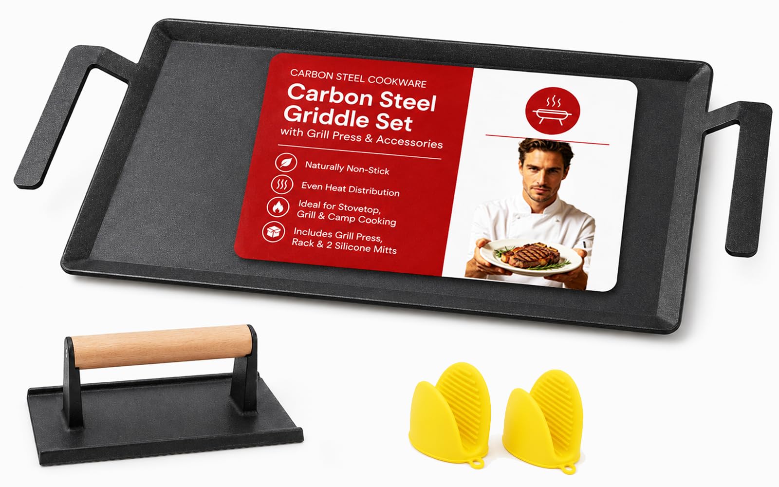 Carbon Steel Double Burner Griddle for Gas Grill–19.6" x 10.5" Flat Top Griddle 
