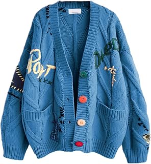 レディース ケーブルニット 長袖 オープンフロント カーディガン 羊 Vネック ボタンダウン刺繍 ウールブレンド セーター コート アウター