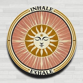 Inhale Exhale Sunface Art, Vintage Rustic Aluminum Metal Round Wall Sign, No Real Clock, Gifts for Indoor Outdoor 8 Inch and Decor for Home, Office