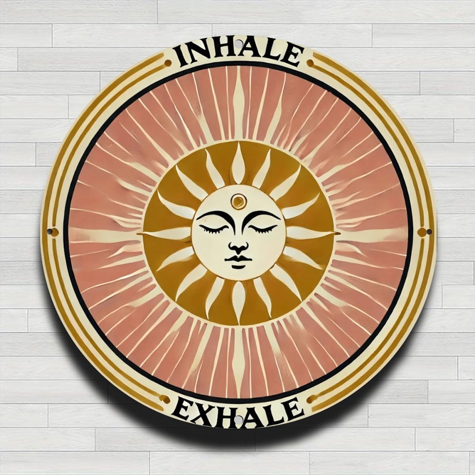 Inhale Exhale Sunface Art, Vintage Rustic Aluminum Metal Round Wall Sign, No Rea