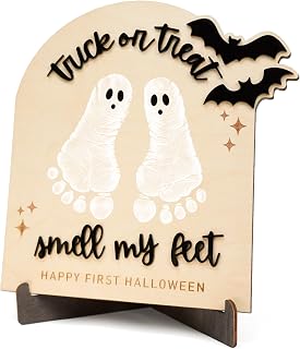 Baby's First Halloween Wooden Keepsake Sign, DIY Footprint Art Milestone Card, Wall Hanging Nursery Decor, Funny Trick or Treat Smell My Feet Photoshoot Prop Gifts 2026