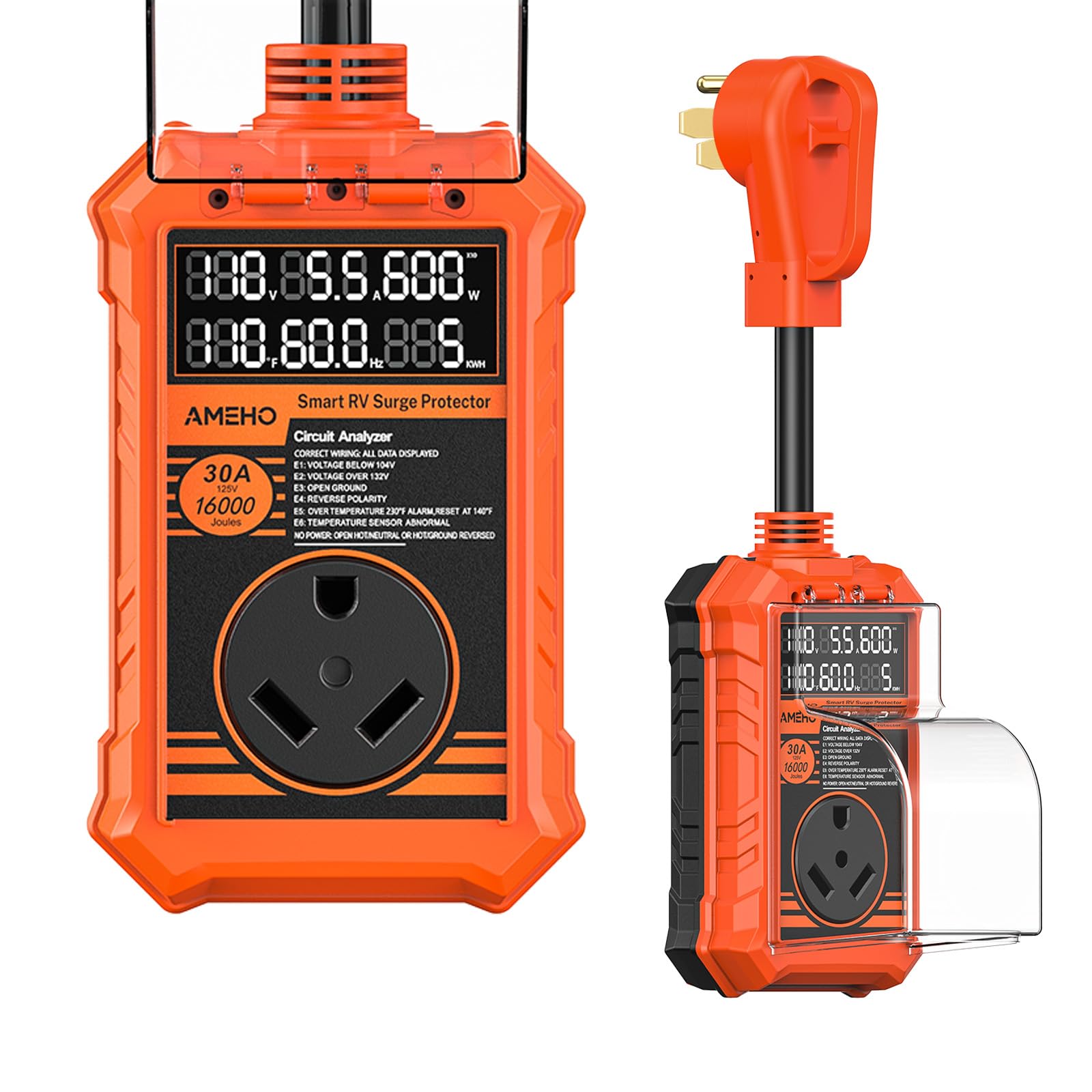 AMEHO RV Surge Protector 30 Amp, 16000J with Smart Auto Shutoff – IP67 Waterproo