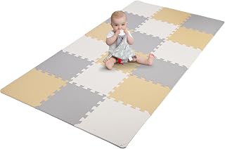 LIVINGbasics Interlocking Foam Baby Play Mat | 18 Tiles, 1.62㎡. interlocking tiles = 71"x31" play zone. 1cm EVA cushion. Waterproof, wipe-clean