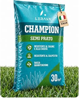 LERAVA CHAMPION Seed Lawn Drought Resistant (30 m²) - Arundinacea Fescue | Sunny and walkable lawn seeds – Dark Green and Dense Fast Growing Turf for Gardens – Made in Italy