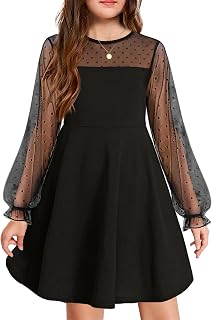 Arshiner Girls Contrast Mesh Long Sleeve High Waist A-Line Short Dress 6-13 Years