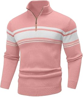 Mens Sweater Quarter Zip Sweater Striped Fall Winter Polo Pullovers