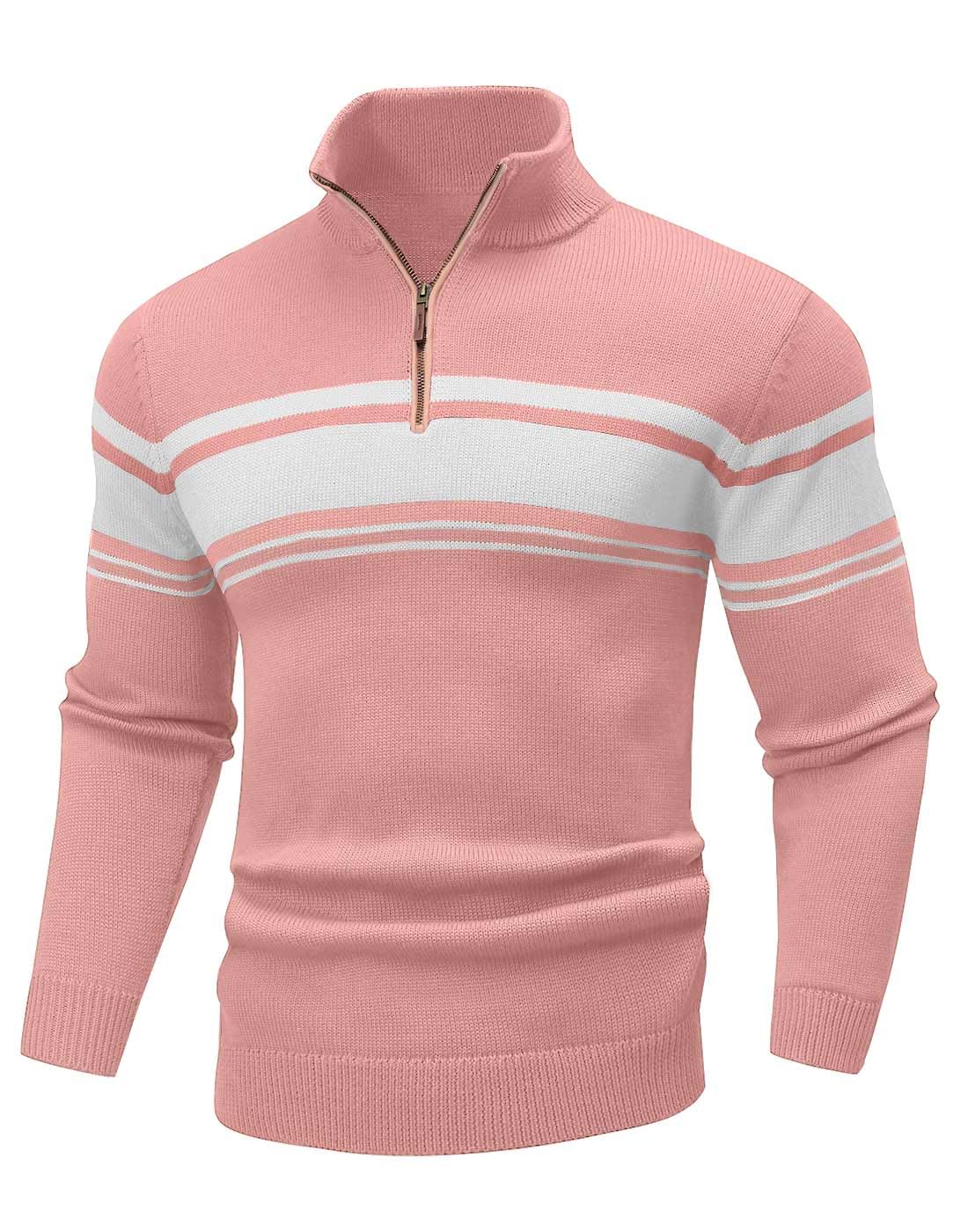 Wizoat Mens Sweater Quarter Zip Sweater Striped Fall Winter Polo Pullovers