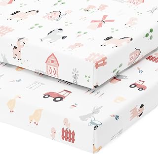 Joey + Joan Pack and Play Sheets Fitted for Graco Pack n Play Playard, 2pk | 100% Cotton, OEKO-Tex certified, Jersey knit, breathable, super soft 27x39 pack n play sheets for playpen porta crib mattress