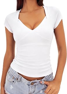 EMMIOL T-shirt sexy con scollo a V per le donne - Manica corta Slim Fit Bow Bandage Cute Crop Top Y2k 2026 Estate Uscire Vestiti