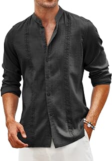 COOFANDY Men's Cuban Guayabera Shirt Casual Long Sleeve Button Down Shirts Band Collar Linen Summer Beach Shirt