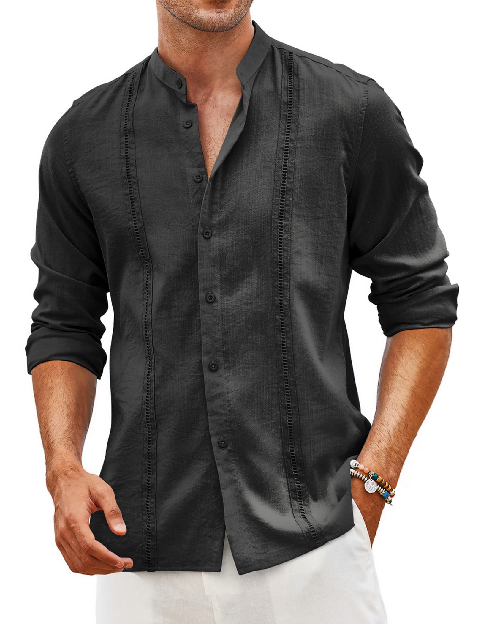 COOFANDY Men's Cuban Guayabera Shirt Casual Long Sleeve Button Down Shirts Band 